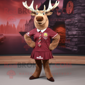 Maroon Elk mascot costume character dressed with a Skirt and Ties