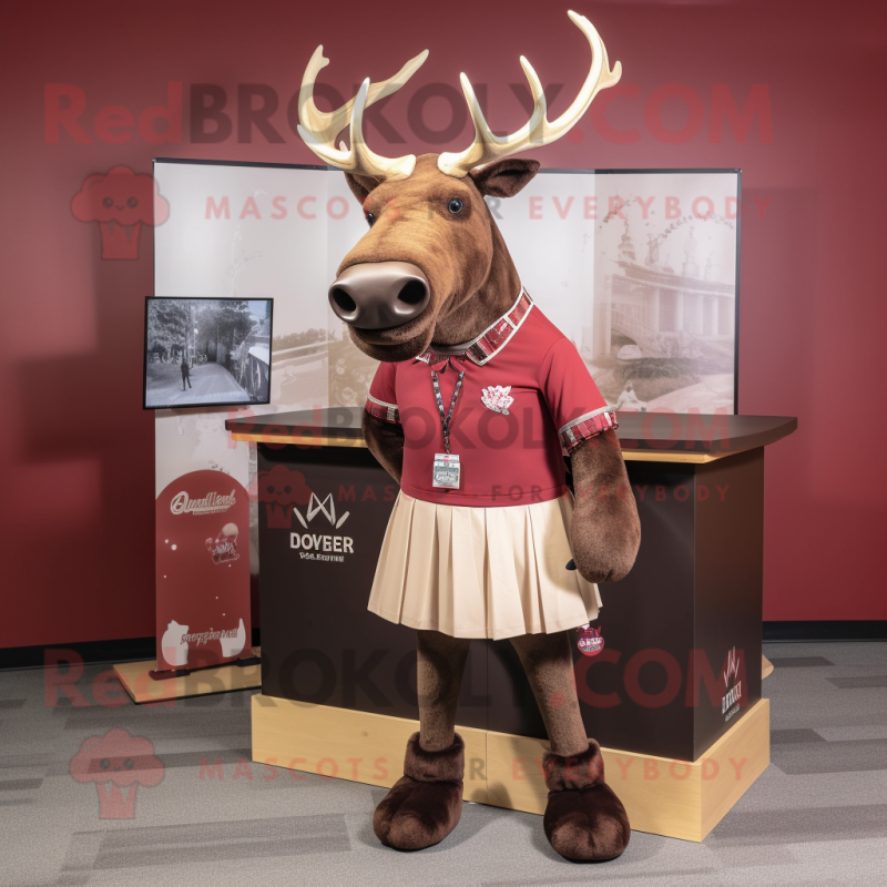 Maroon Elk mascot costume character dressed with a Skirt and Ties Maroon Elk mascot costume character dressed with a Skirt and Ties