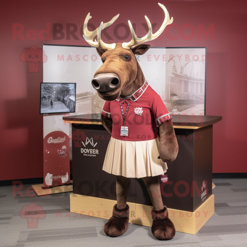 Maroon Elk mascot costume character dressed with a Skirt and Ties