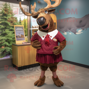 Maroon Elk mascot costume character dressed with a Skirt and Ties