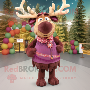 Maroon Elk mascot costume character dressed with a Skirt and Ties