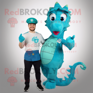 Cyan Seahorse mascot costume character dressed with a Henley Tee and Wraps