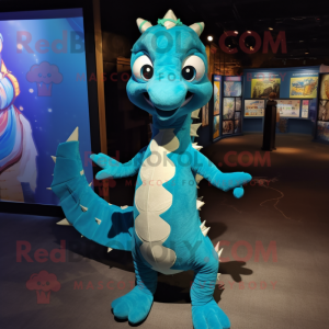 Cyan Seahorse mascot costume character dressed with a Henley Tee and Wraps