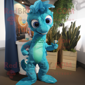 Cyan Seahorse mascot costume character dressed with a Henley Tee and Wraps