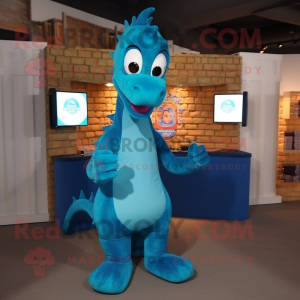 Cyan Seahorse mascot costume character dressed with a Henley Tee and Wraps