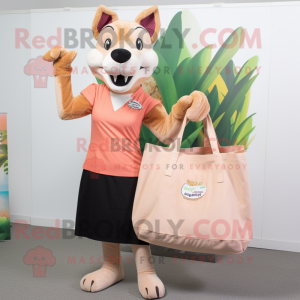 Peach Thylacosmilus mascot costume character dressed with a Maxi Dress and Tote bags