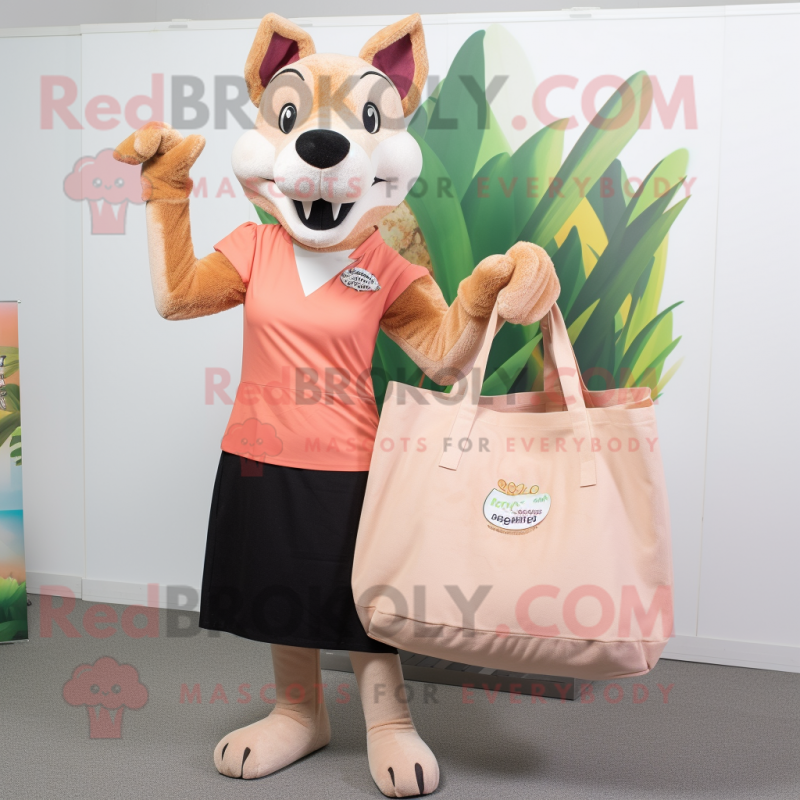 Peach Thylacosmilus mascot costume character dressed with a Maxi Dress and Tote bags Peach Thylacosmilus mascot costume character dressed with a Maxi Dress and Tote bags