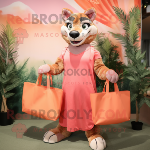Peach Thylacosmilus mascot costume character dressed with a Maxi Dress and Tote bags