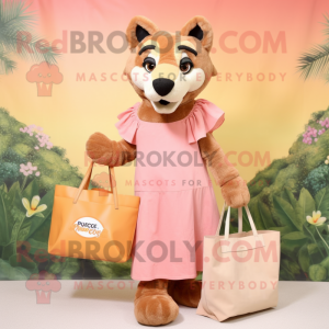 Peach Thylacosmilus mascot costume character dressed with a Maxi Dress and Tote bags
