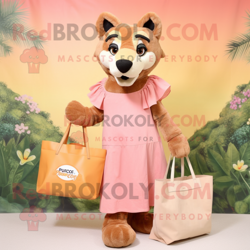 Peach Thylacosmilus mascot costume character dressed with a Maxi Dress and Tote bags Peach Thylacosmilus mascot costume character dressed with a Maxi Dress and Tote bags