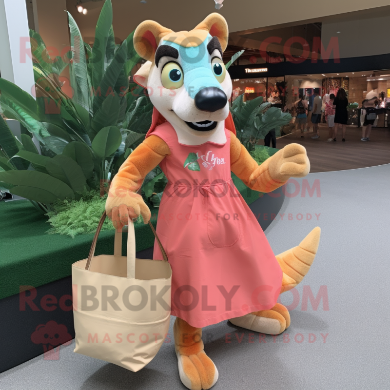 Peach Thylacosmilus mascot costume character dressed with a Maxi Dress and Tote bags Peach Thylacosmilus mascot costume character dressed with a Maxi Dress and Tote bags