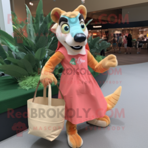 Peach Thylacosmilus mascot costume character dressed with a Maxi Dress and Tote bags