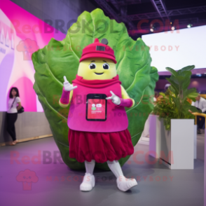 Magenta Cabbage Leaf mascot costume character dressed with a Midi Dress and Smartwatches