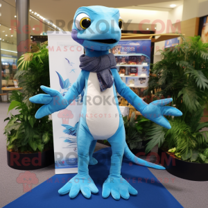 Sky Blue Coelophysis mascot costume character dressed with a Flare Jeans and Shawl pins