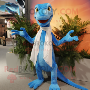 Sky Blue Coelophysis mascot costume character dressed with a Flare Jeans and Shawl pins