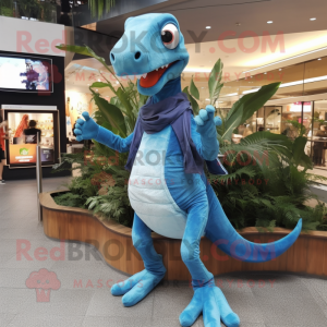 Sky Blue Coelophysis mascot costume character dressed with a Flare Jeans and Shawl pins