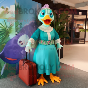 Turquoise Muscovy Duck mascot costume character dressed with a Maxi Skirt and Handbags