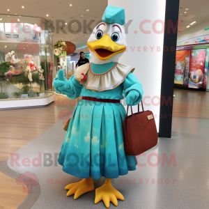 Turquoise Muscovy Duck mascot costume character dressed with a Maxi Skirt and Handbags