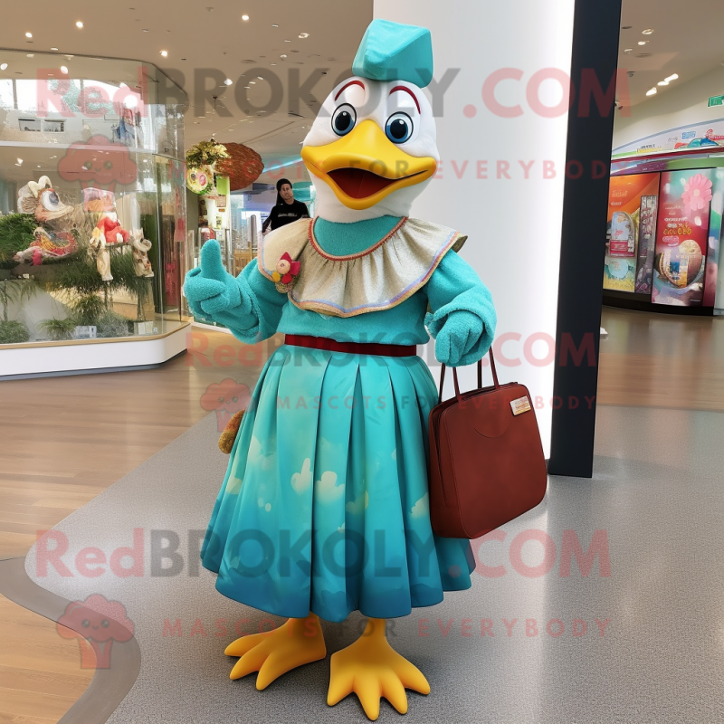 Turquoise Muscovy Duck mascot costume character dressed with a Maxi Skirt and Handbags Turquoise Muscovy Duck mascot costume character dressed with a Maxi Skirt and Handbags