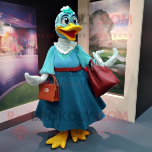 Turquoise Muscovy Duck mascot costume character dressed with a Maxi Skirt and Handbags