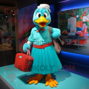 Turquoise Muscovy Duck mascot costume character dressed with a Maxi Skirt and Handbags