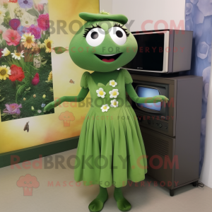 Olive Television mascot costume character dressed with a Maxi Dress and Brooches