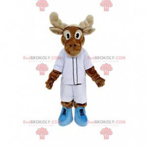 Mascote de rena marrom com roupa esportiva branca -