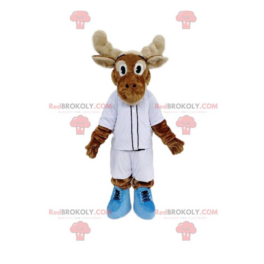 Mascota de reno marrón con ropa deportiva blanca -