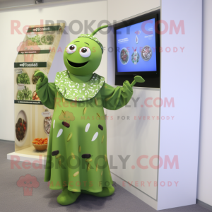 Olive Television mascot costume character dressed with a Maxi Dress and Brooches