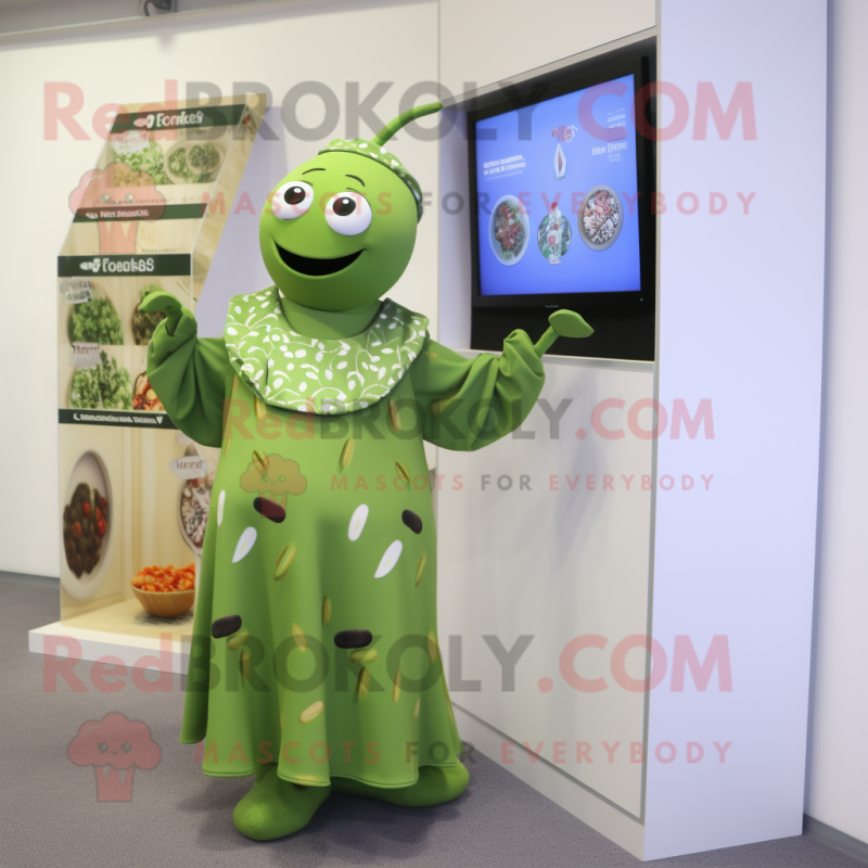 Olive Television mascot costume character dressed with a Maxi Dress and Brooches Olive Television mascot costume character dressed with a Maxi Dress and Brooches