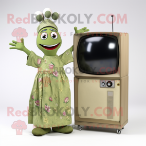 Olive Television mascot costume character dressed with a Maxi Dress and Brooches