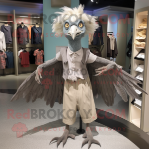 Gray Archeopteryx mascot costume character dressed with a Blouse and Shoe clips