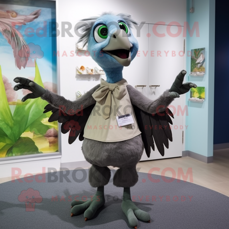 Gray Archeopteryx mascot costume character dressed with a Blouse and Shoe clips Gray Archeopteryx mascot costume character dressed with a Blouse and Shoe clips