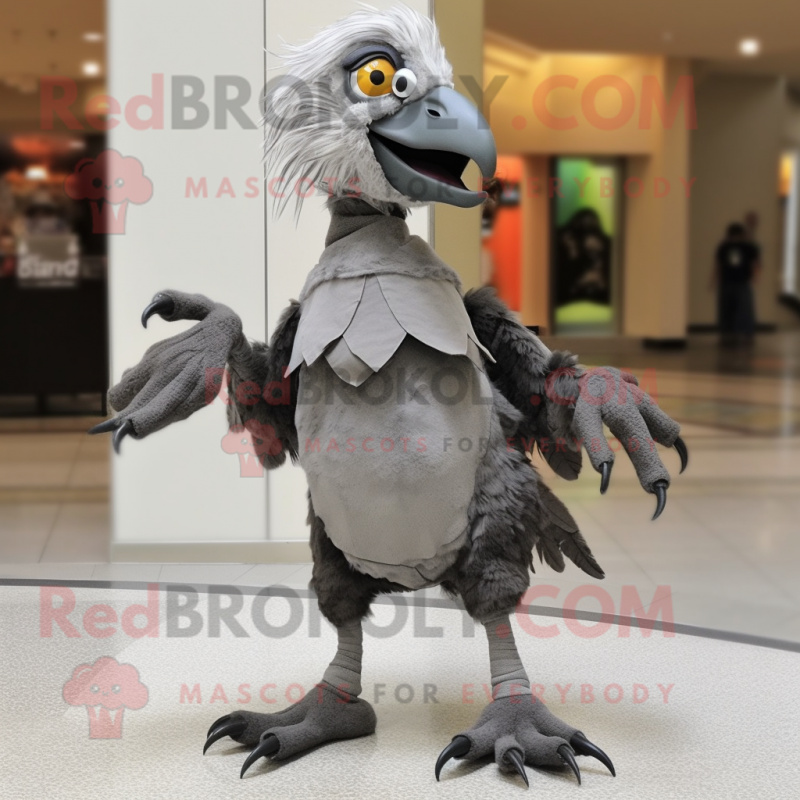 Gray Archeopteryx mascot costume character dressed with a Blouse and Shoe clips