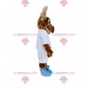 Mascote de rena marrom com roupa esportiva branca -