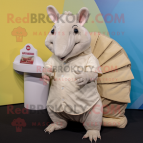 Cream Armadillo mascot costume character dressed with a Poplin Shirt and Coin purses