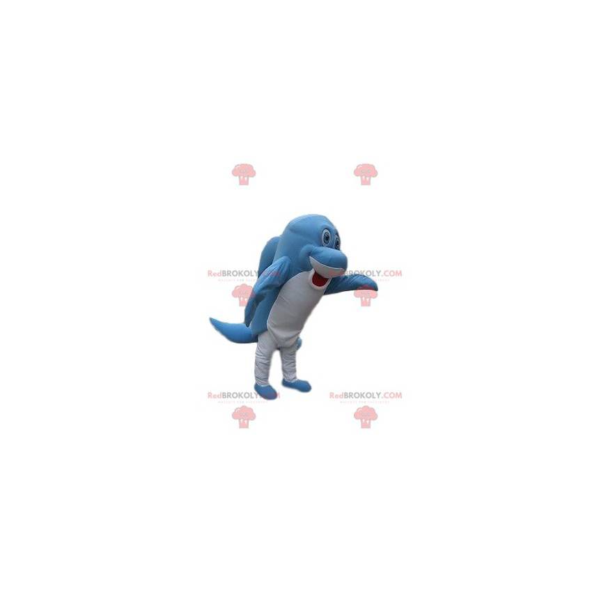 Mycket rolig blå och vit delfinmaskot - Redbrokoly.com