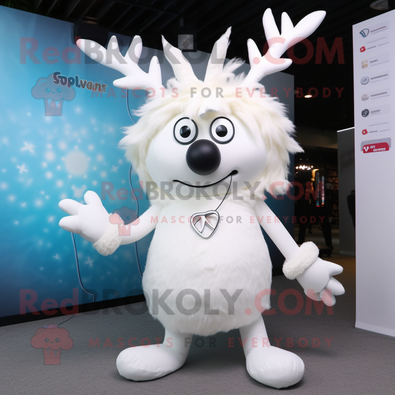 White Reindeer mascot costume character dressed with a Bikini and Hair clips White Reindeer mascot costume character dressed with a Bikini and Hair clips