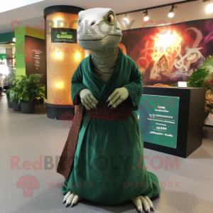 Forest Green Komodo Dragon mascot costume character dressed with a Maxi Skirt and Shawl pins