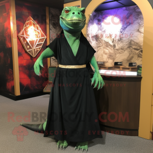 Forest Green Komodo Dragon mascot costume character dressed with a Maxi Skirt and Shawl pins