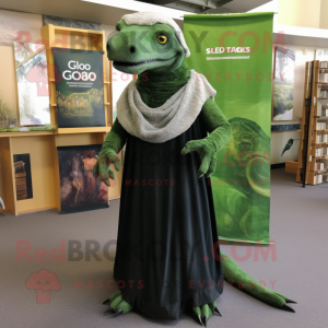 Forest Green Komodo Dragon mascot costume character dressed with a Maxi Skirt and Shawl pins