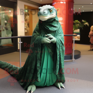 Forest Green Komodo Dragon mascot costume character dressed with a Maxi Skirt and Shawl pins