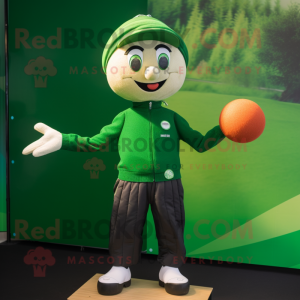 Forest Green Juggle mascot costume character dressed with a Sweater and Suspenders