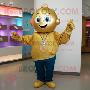 Gold Juggle mascot costume character dressed with a Sweatshirt and Necklaces