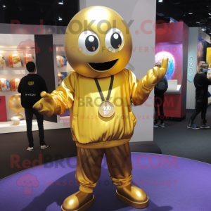 Gold Juggle mascot costume character dressed with a Sweatshirt and Necklaces