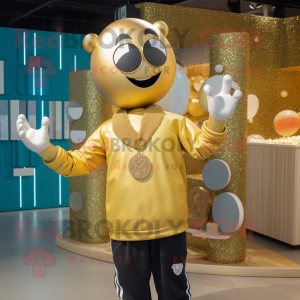 Gold Juggle mascot costume character dressed with a Sweatshirt and Necklaces