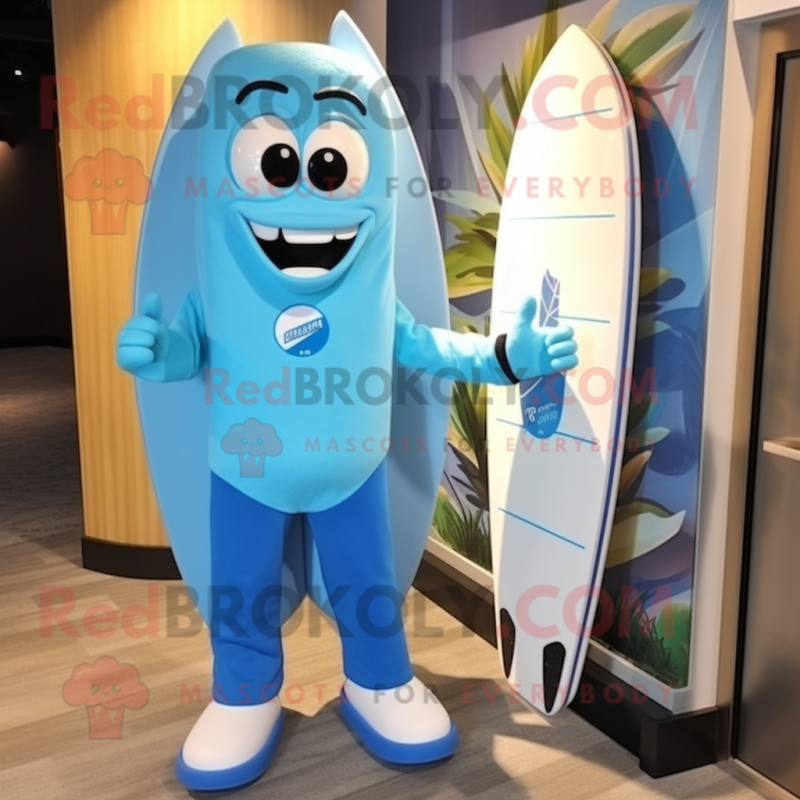 Blue Surfboard mascot costume character dressed with a Suit and Shoe clips Blue Surfboard mascot costume character dressed with a Suit and Shoe clips