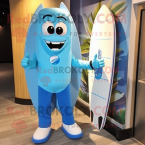Blue Surfboard mascot costume character dressed with a Suit and Shoe clips