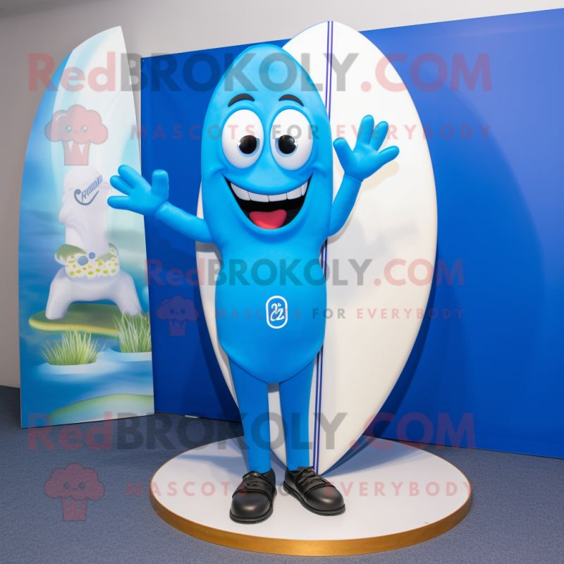 Blue Surfboard mascot costume character dressed with a Suit and Shoe clips Blue Surfboard mascot costume character dressed with a Suit and Shoe clips