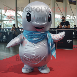 Silver Whale mascot costume character dressed with a Romper and Scarves